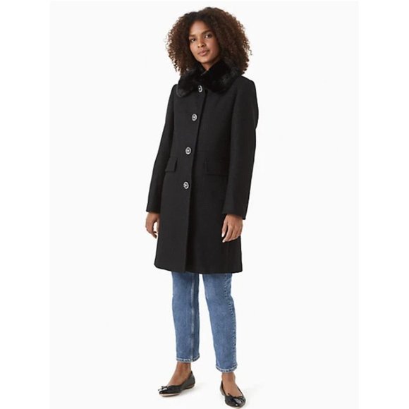 $699 Kate Spade Peacoat Coat Jewel Button Fur Collar Wool Black Sz 2 NEW - Picture 1 of 9